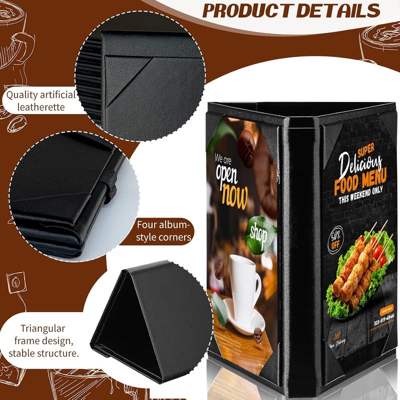 LAIAMER 5 Pack Menu Holder Triangular Black PU Leather 3 Sides Menu Holder for Restaurant Cafe Bar Wedding Supplies - Image 3