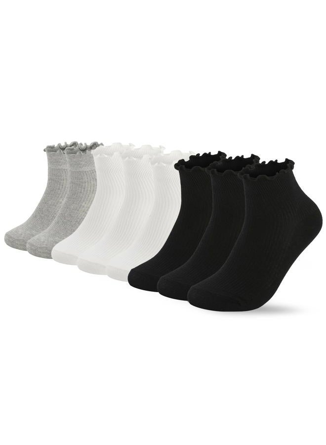 Fandecie 8 Pairs Frilly Socks Women,Ruffle Socks for Girl Women,Cute Ankle Socks for Women,Solid Color Lettuce Edge Comfort Breathable One Size 5-9,White,Black and Grey - Image 1
