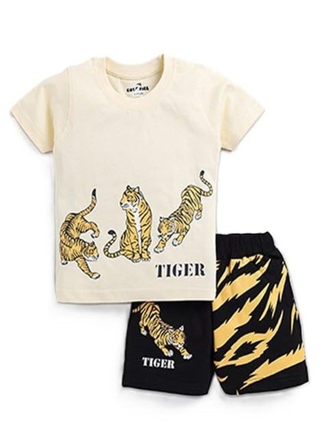 RIZZQ Kids Dress | Printed Round Neck Half Sleeve T-shirt and Pant Clothing Set for Baby Boys-Cream Tiger (Cream, 3-4 Year) - Image 2