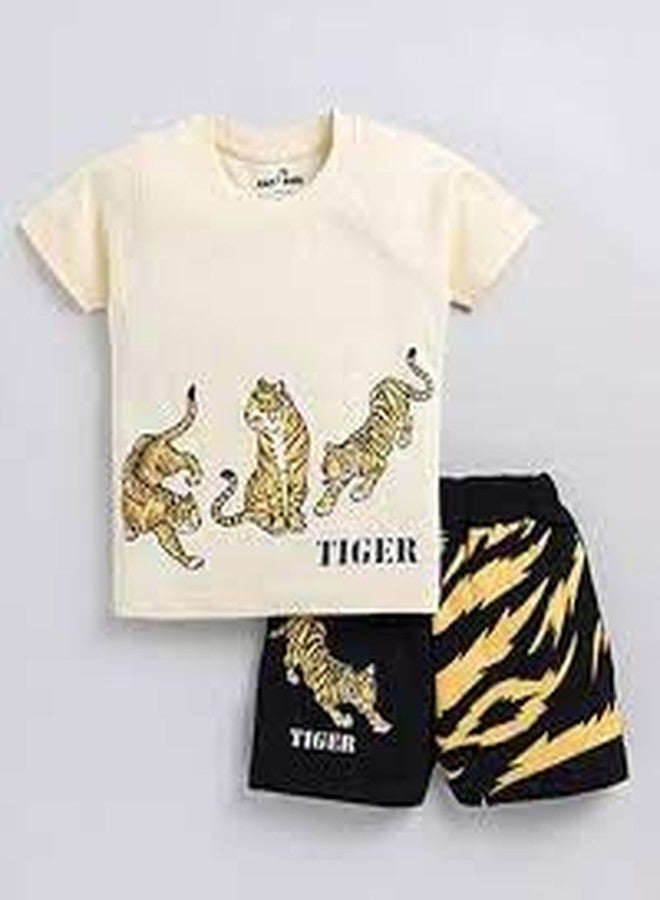 RIZZQ Kids Dress | Printed Round Neck Half Sleeve T-shirt and Pant Clothing Set for Baby Boys-Cream Tiger (Cream, 3-4 Year) - Image 4