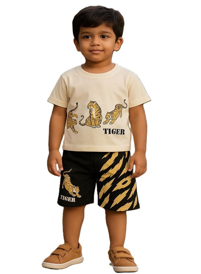 RIZZQ Kids Dress | Printed Round Neck Half Sleeve T-shirt and Pant Clothing Set for Baby Boys-Cream Tiger (Cream, 3-4 Year) - Image 1
