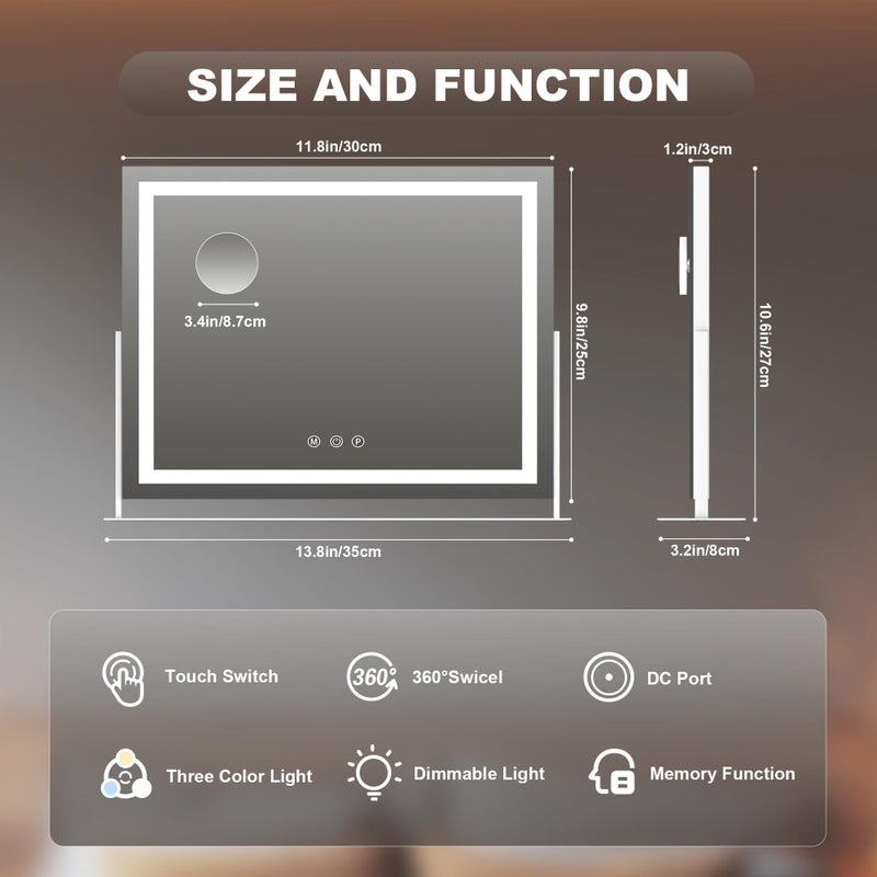 Hasipu Vanity Mirror with Lights, 13.8" x 10.6" LED Makeup Mirror, Light up Mirror with 10X Magnification, Smart Touch 3 Colors Dimmable, 360Â° Rotation (White) - Image 4