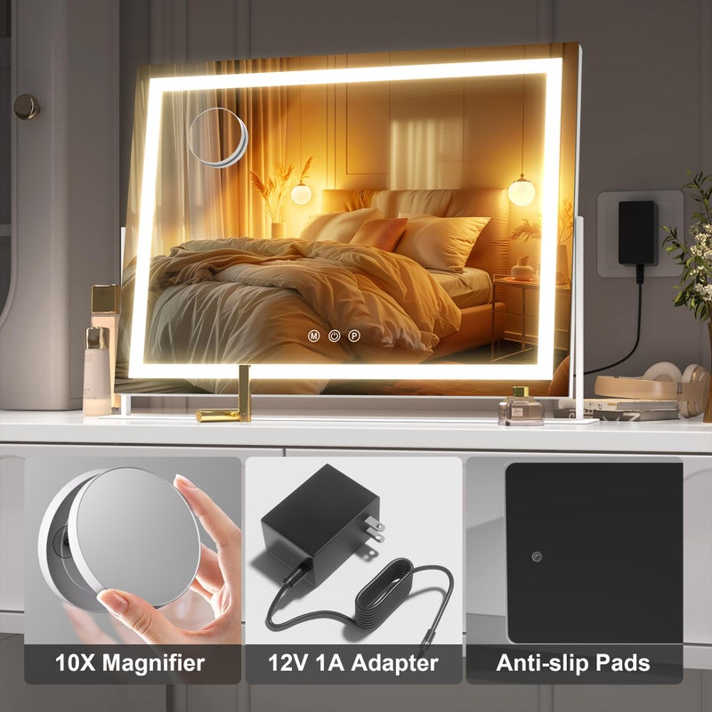 Hasipu Vanity Mirror with Lights, 13.8" x 10.6" LED Makeup Mirror, Light up Mirror with 10X Magnification, Smart Touch 3 Colors Dimmable, 360Â° Rotation (White) - Image 5