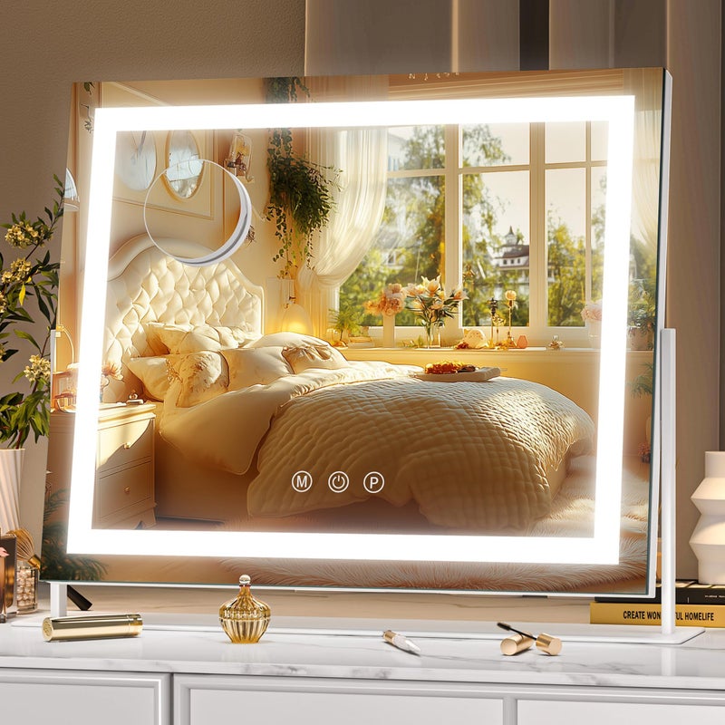 Hasipu Vanity Mirror with Lights, 13.8" x 10.6" LED Makeup Mirror, Light up Mirror with 10X Magnification, Smart Touch 3 Colors Dimmable, 360Â° Rotation (White) - Image 1