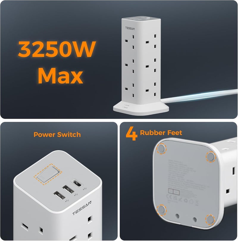 TESSAN Tower Extension Lead 5M with USB C Slots, 12 Way Plug Extension Socket with 3 USB Ports, Multi Plug with Switch(13A 3250W), Power Strip for Office, Home, School, Kitchen Supplies - Image 5
