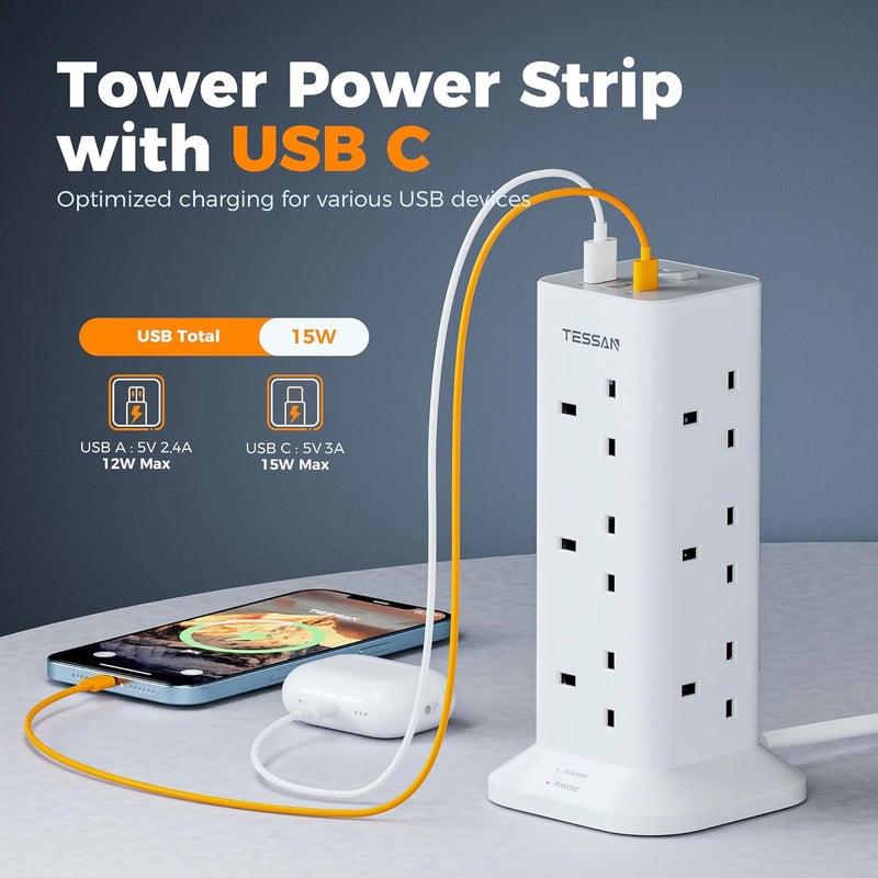 TESSAN Tower Extension Lead 5M with USB C Slots, 12 Way Plug Extension Socket with 3 USB Ports, Multi Plug with Switch(13A 3250W), Power Strip for Office, Home, School, Kitchen Supplies - Image 3