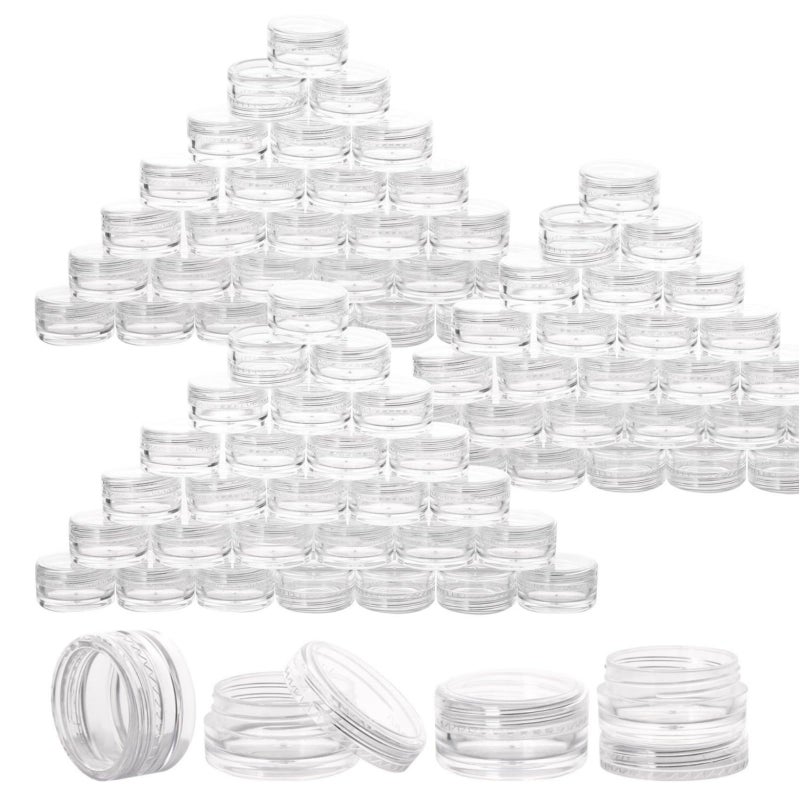 BTYMS 100 Count 10g Sample Jars with Lids Makeup Jars Plastic Lip Scrub Containers TSA Approved Cosmetic Containers for Traveling  Clear