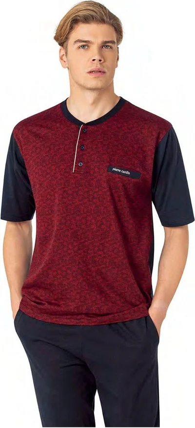 pierre cardin 6088 Men's Short Sleeve 3-Piece Jacquard Pajama Set-Burgundy