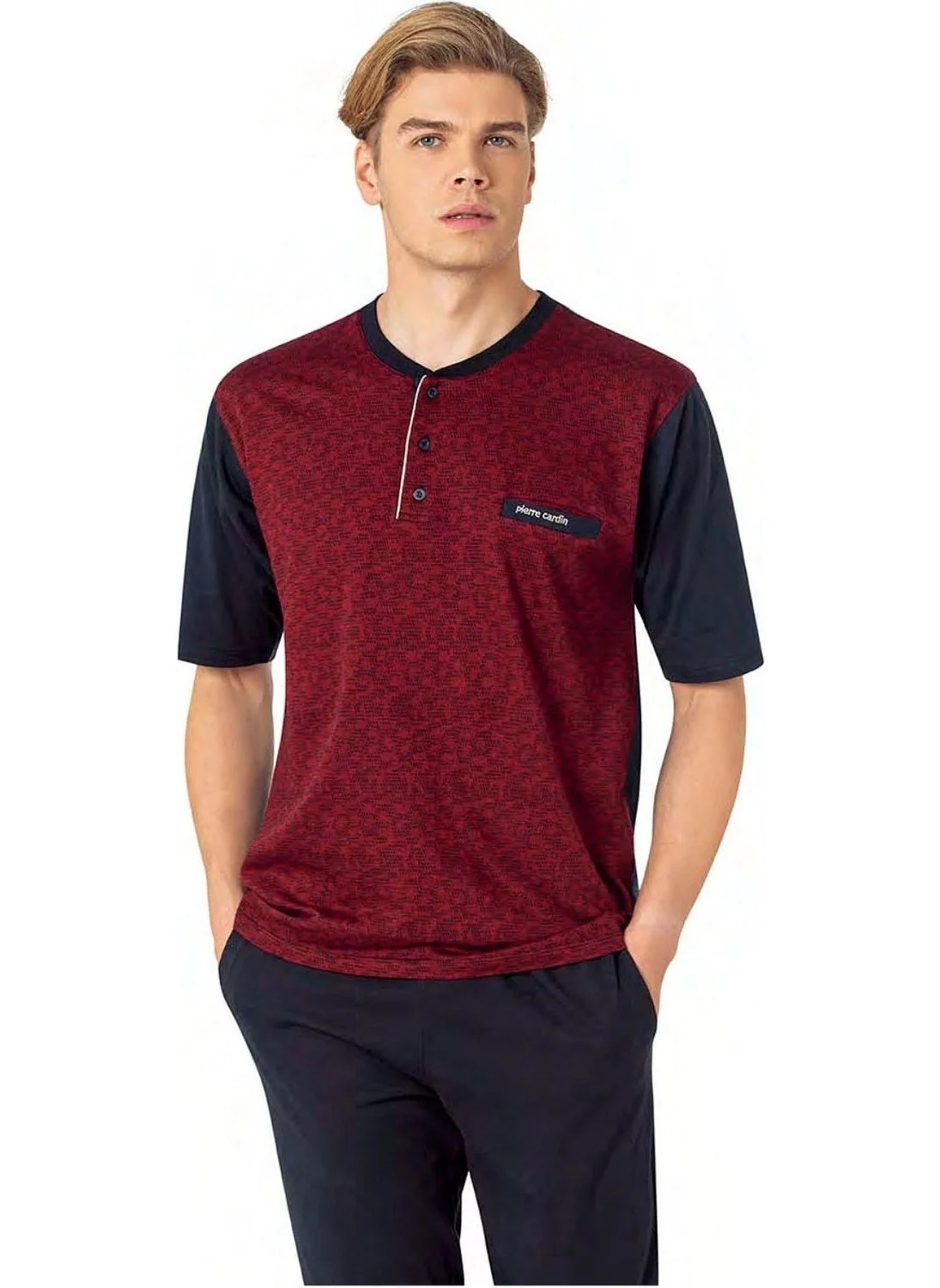 بيير كاردان 6088 Men's Short Sleeve 3-Piece Jacquard Pajama Set-Burgundy
