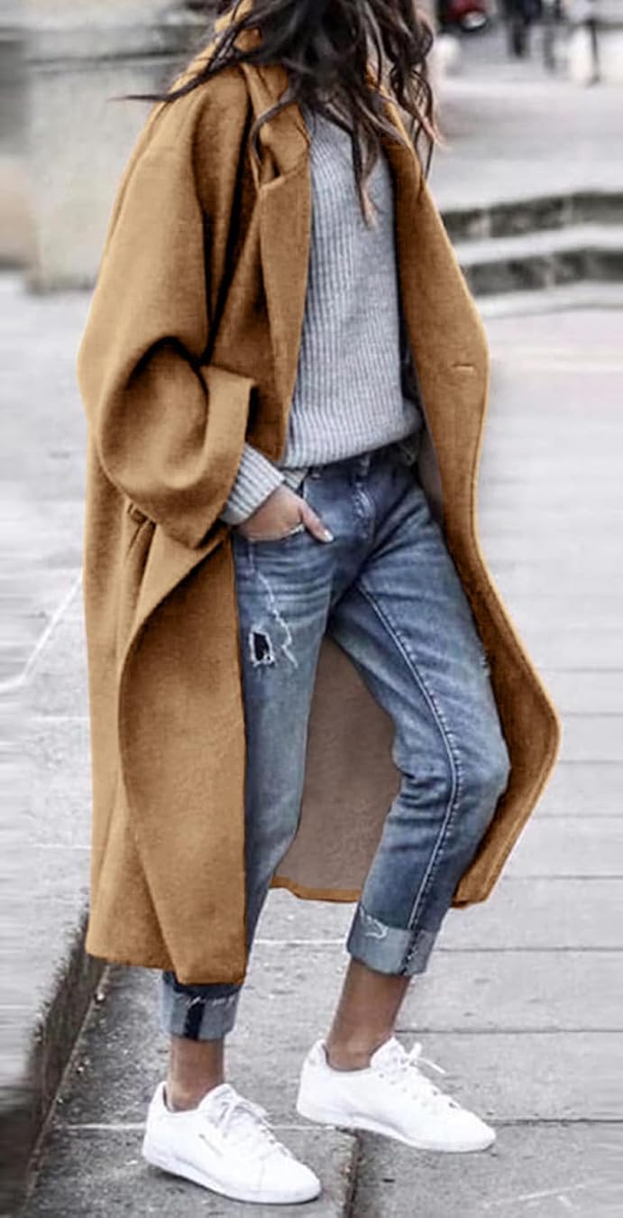 LNKQA Women's Winter Pea Coat Notch Lapel Single Breasted Oversized Long Casual Wool Blend Overcoat (Khaki,X-Large) - Image 1
