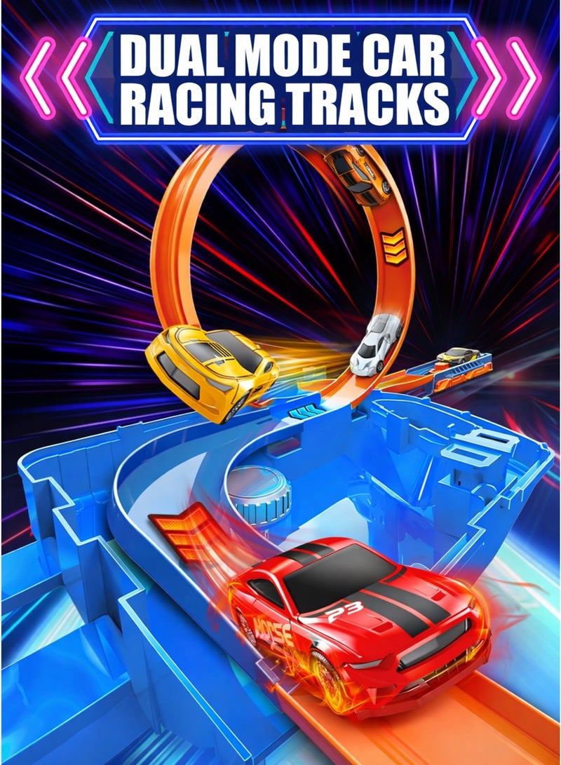TechTonix 1:64 Fuel Tank Racing Track Toy Set with 2 Die-Cast Metal Cars, 2-in-1 Loop & U-Shaped Gravity Stunt Track, 3-Gear Manual Speed Booster Launcher, Snap-Together Assembly Race Track with Storage Carry Case, Kids Car Racing Playset for Boys Ages 3+ Gift - Image 4