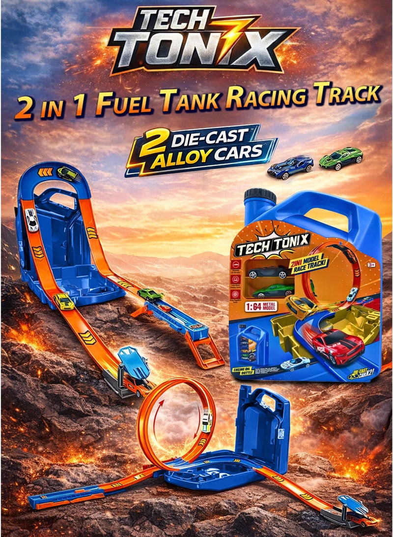 TechTonix 1:64 Fuel Tank Racing Track Toy Set with 2 Die-Cast Metal Cars, 2-in-1 Loop & U-Shaped Gravity Stunt Track, 3-Gear Manual Speed Booster Launcher, Snap-Together Assembly Race Track with Storage Carry Case, Kids Car Racing Playset for Boys Ages 3+ Gift - Image 1