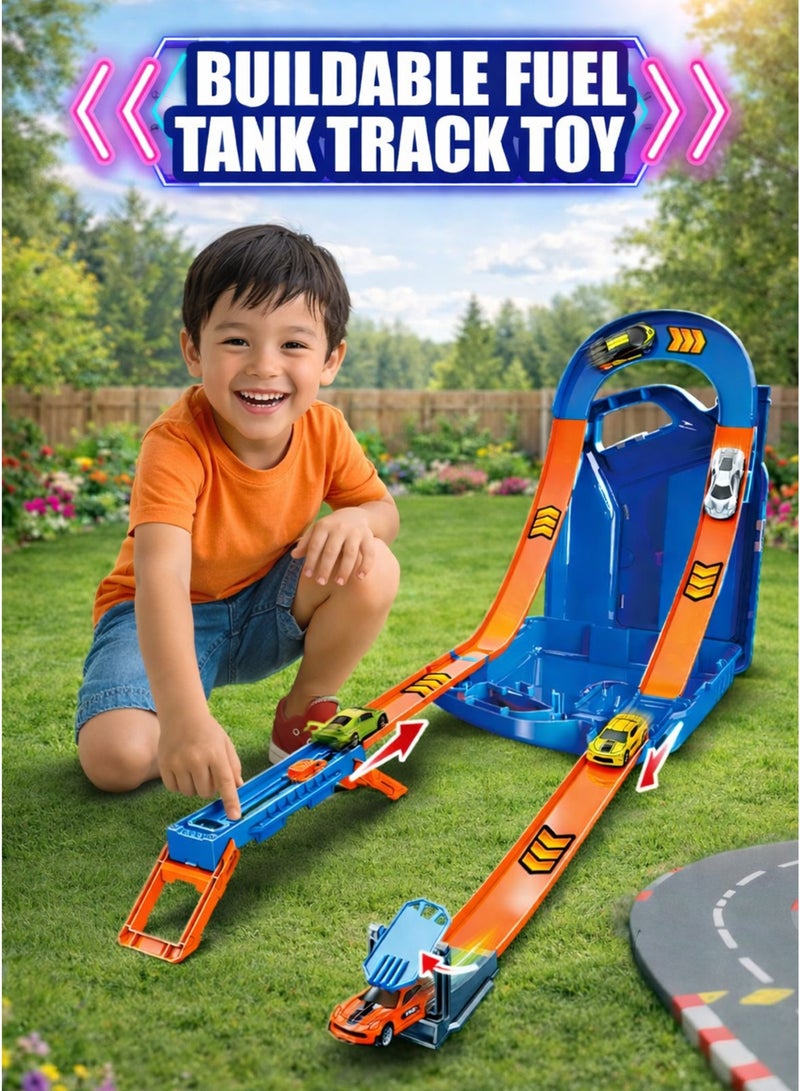 TechTonix 1:64 Fuel Tank Racing Track Toy Set with 2 Die-Cast Metal Cars, 2-in-1 Loop & U-Shaped Gravity Stunt Track, 3-Gear Manual Speed Booster Launcher, Snap-Together Assembly Race Track with Storage Carry Case, Kids Car Racing Playset for Boys Ages 3+ Gift - Image 2