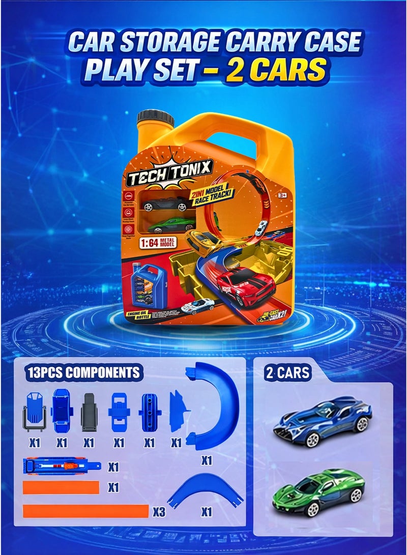 TechTonix 1:64 Fuel Tank Racing Track Toy Set with 2 Die-Cast Metal Cars, 2-in-1 Loop & U-Shaped Gravity Stunt Track, 3-Gear Manual Speed Booster Launcher, Snap-Together Assembly Race Track with Storage Carry Case, Kids Car Racing Playset for Boys Ages 3+ Gift - Image 5