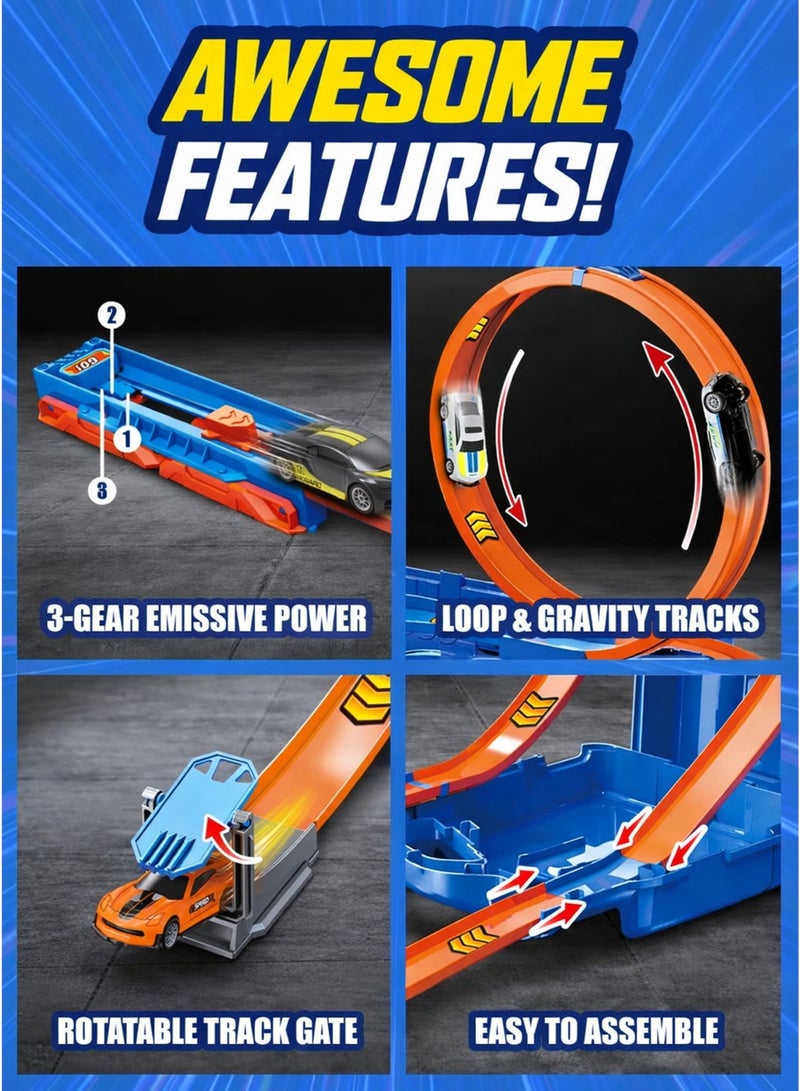 TechTonix 1:64 Fuel Tank Racing Track Toy Set with 2 Die-Cast Metal Cars, 2-in-1 Loop & U-Shaped Gravity Stunt Track, 3-Gear Manual Speed Booster Launcher, Snap-Together Assembly Race Track with Storage Carry Case, Kids Car Racing Playset for Boys Ages 3+ Gift - Image 3