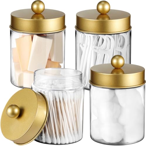 Amolliar Qtip Holder Dispenser - 8 oz Plastic Apothecary Jar Containers for Vanity Makeup Countertop Organizer Storage -Bathroom Canister Accessories Set for Cotton Swab, Ball, Pads, Floss-Gold (4) - Image 1