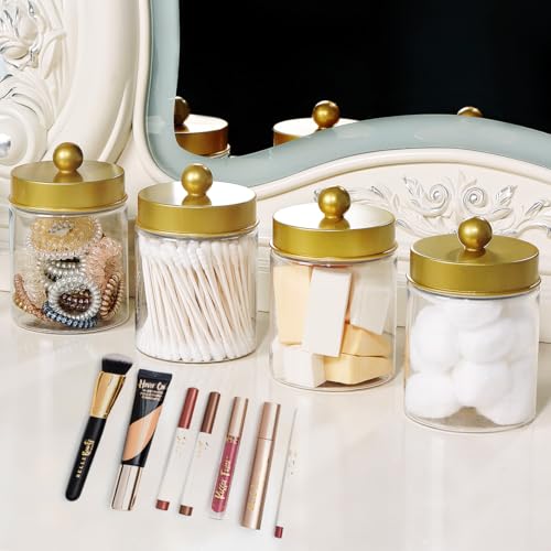 Amolliar Qtip Holder Dispenser - 8 oz Plastic Apothecary Jar Containers for Vanity Makeup Countertop Organizer Storage -Bathroom Canister Accessories Set for Cotton Swab, Ball, Pads, Floss-Gold (4) - Image 4