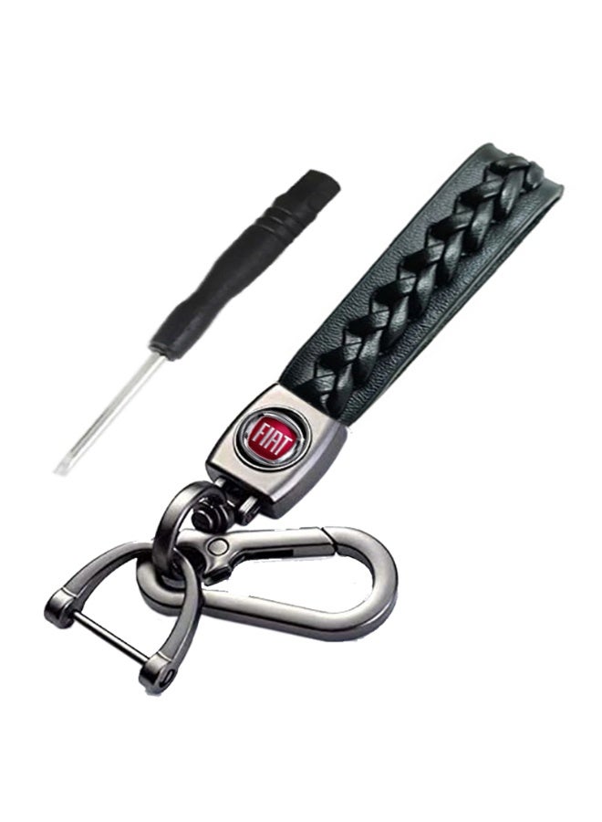 سلسلة مفاتيح جلدية بشعار فيات وحلقة مفاتيح معدنية - أسود
