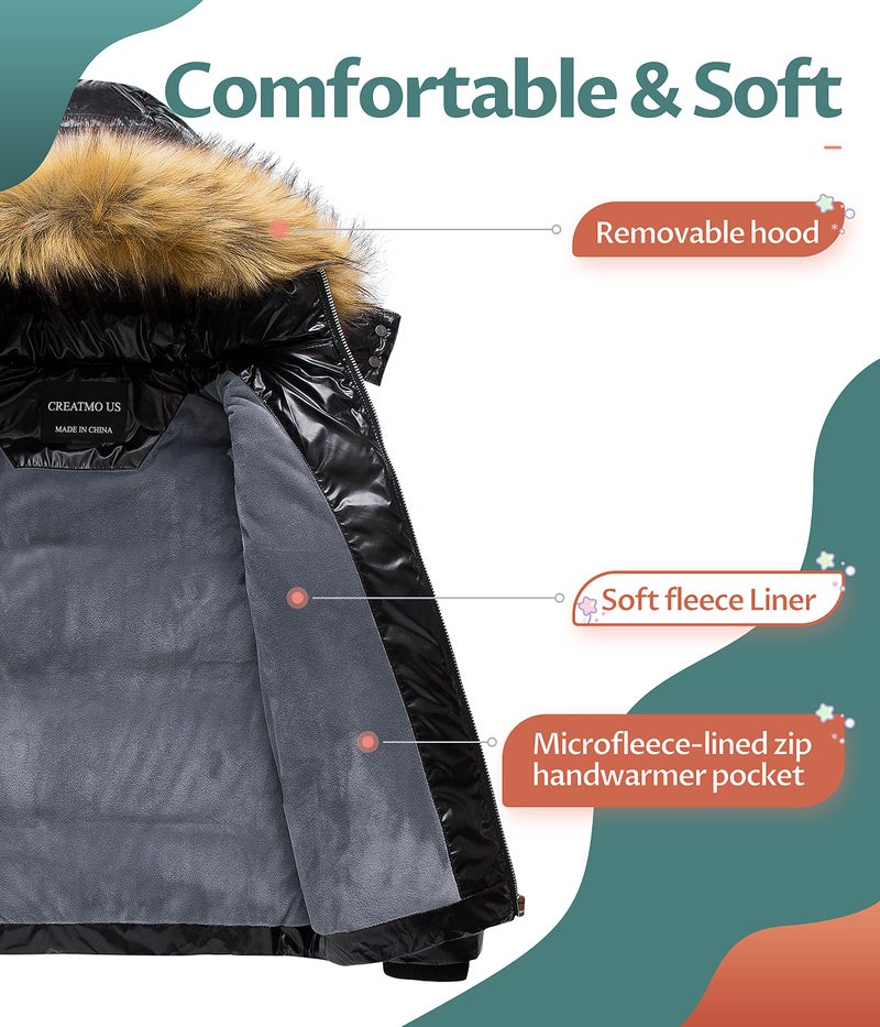 CREATMO US Girl's Big Kids Winter Coats Heavyweight Warm Jackets Outwear Thick Warm Puffy Waterproof Windproof Shiny Outwear Black 4-5 - Image 3