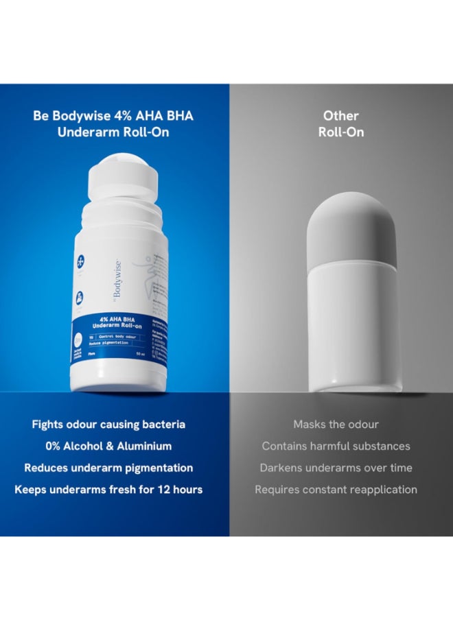 Be Bodywise - 4% AHA BHA Underarm Roll on | With 2% Lactic Acid, 1% Mandelic Acid, 1% Salicylic Acid | Prevents Odour, Reduces Pigmentation | For Radiant Underarms | Suitable For Sensitive Skin | Flora 50ml - Image 1