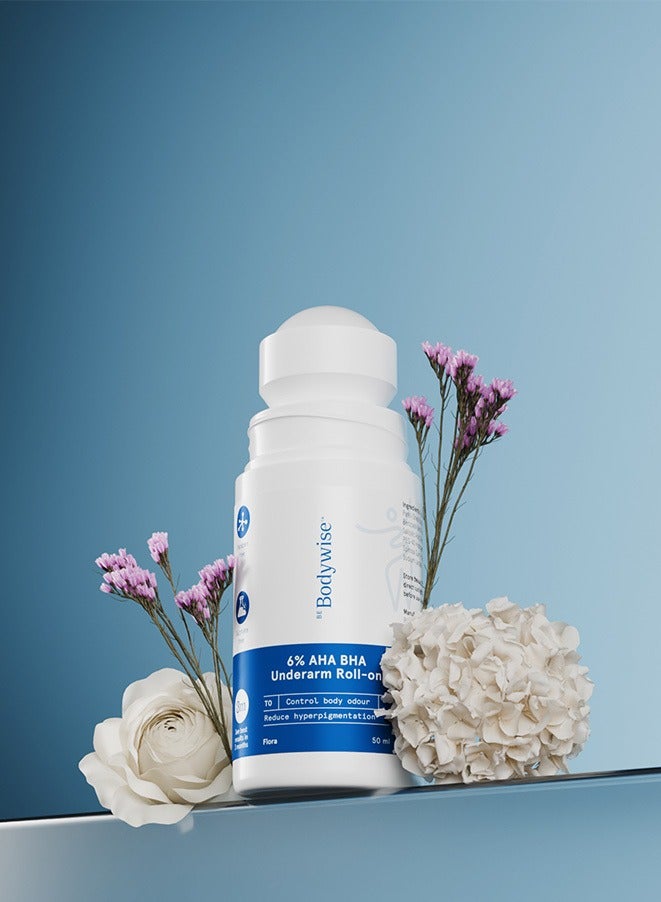 Be Bodywise 4% AHA BHA Underarm Roll on | With 2% Lactic Acid, 1% Mandelic Acid, 1% Salicylic Acid | Prevents Odour, Reduces Pigmentation | For Radiant Underarms | Suitable For Sensitive Skin | Flora 50ml 