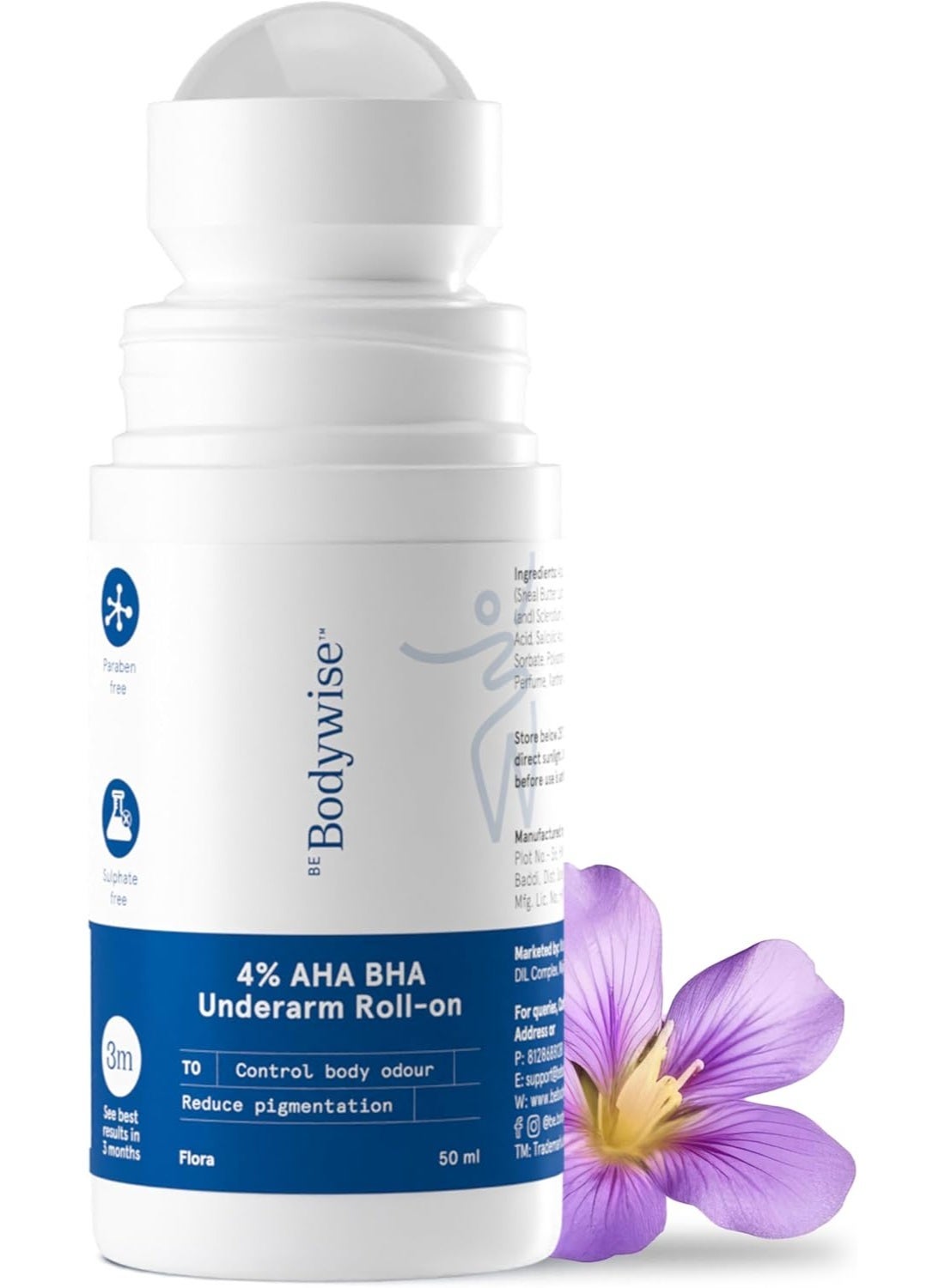 Be Bodywise 4% AHA BHA Underarm Roll on | With 2% Lactic Acid, 1% Mandelic Acid, 1% Salicylic Acid | Prevents Odour, Reduces Pigmentation | For Radiant Underarms | Suitable For Sensitive Skin | Flora 50ml image 3
