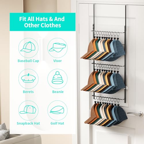 HapiRm Over Door Hat Rack 3 Tier Wall Mounted Hat Organizer with 30 Movable Clips Baseball Cap Organizer Storage Holds up to 30 Caps for Door Bedroom Closet - Image 3