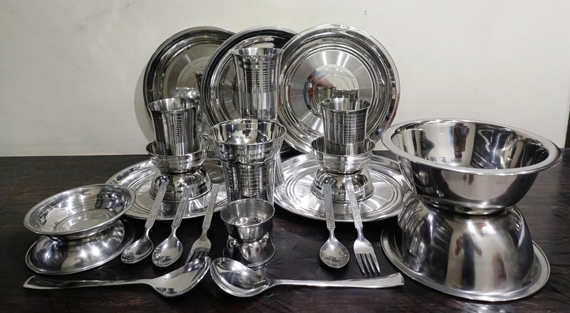 KITCHEN AREna Stainless Steel Dinner Set With5PlateS+5Bowls+5Glasses+3Spoons+2Forks+2Chutni Bowls+2Halwa Plates+2Service Bowls+2Service Spoons - Image 2