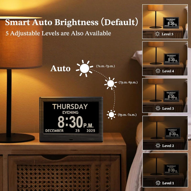FLYRUIT 7'' Dementia Clock For Seniors, Large Display Digital Clock With Date, Time, Day Of Week for Elderly, Alzheimer, 1024*600P HD, 10 Reminders & 7 Alarms, Auto Dimming & DST, Remote Control, Woodgrain - Image 4