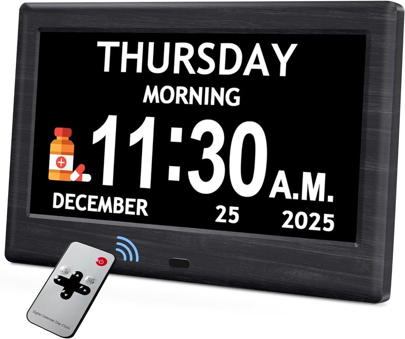 FLYRUIT 7'' Dementia Clock For Seniors, Large Display Digital Clock With Date, Time, Day Of Week for Elderly, Alzheimer, 1024*600P HD, 10 Reminders & 7 Alarms, Auto Dimming & DST, Remote Control, Woodgrain - Image 1