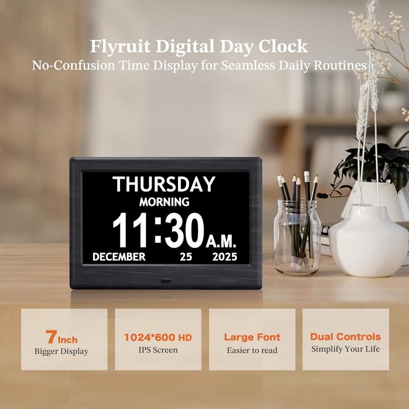 FLYRUIT 7'' Dementia Clock For Seniors, Large Display Digital Clock With Date, Time, Day Of Week for Elderly, Alzheimer, 1024*600P HD, 10 Reminders & 7 Alarms, Auto Dimming & DST, Remote Control, Woodgrain - Image 2