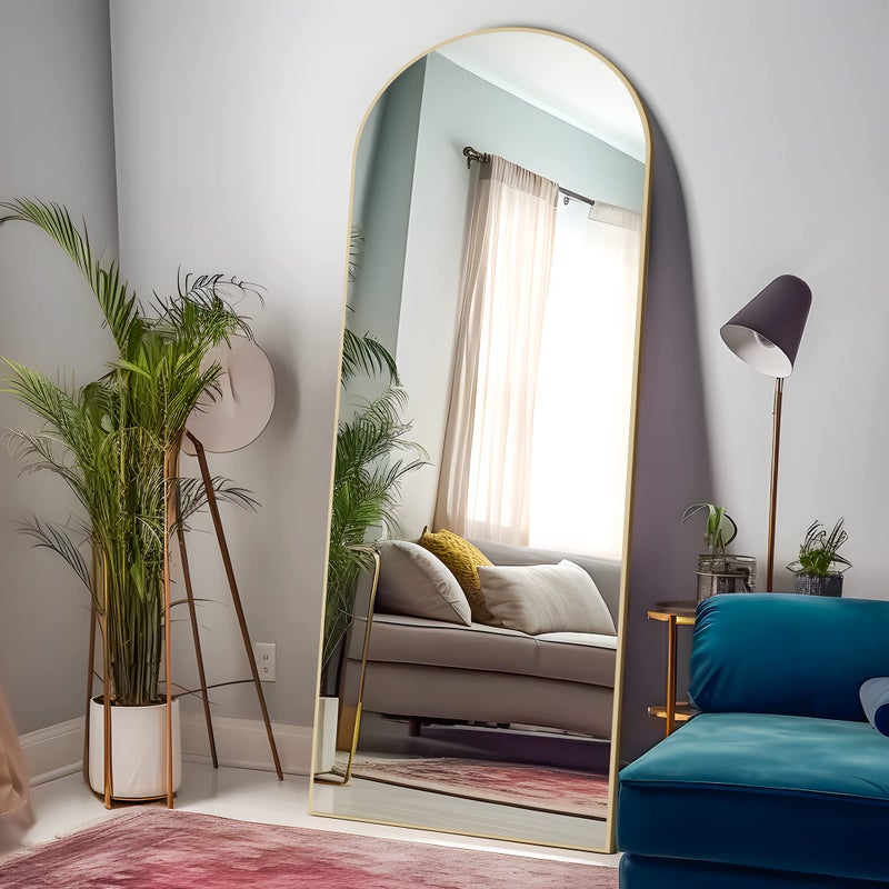 MIRUO Arched Full Length Mirror 64 x 21 Large Arched Mirror Wood Frame Floor Mirror with Stand Large Bedroom Mirror Leaning Against Wall Burlywood