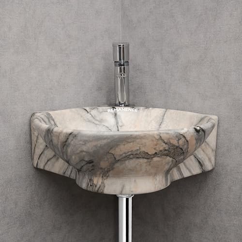 REMANENCE Wall Mounted Wash Basin for Bathroom | Ceramic Wash Basin Wall Hung Small Corner Wash Basin/Sink (16.3 x 13.8 x 4.3 Inch) (Designer Beige Black) - Image 4