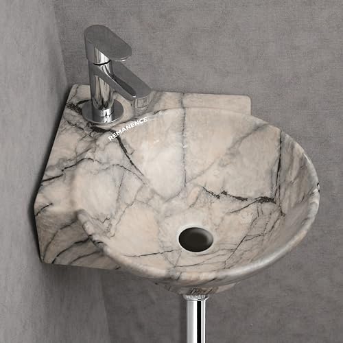 REMANENCE Wall Mounted Wash Basin for Bathroom | Ceramic Wash Basin Wall Hung Small Corner Wash Basin/Sink (16.3 x 13.8 x 4.3 Inch) (Designer Beige Black) - Image 1