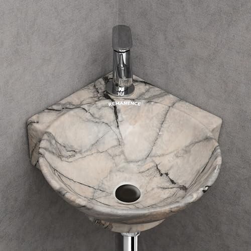 REMANENCE Wall Mounted Wash Basin for Bathroom | Ceramic Wash Basin Wall Hung Small Corner Wash Basin/Sink (16.3 x 13.8 x 4.3 Inch) (Designer Beige Black) - Image 3