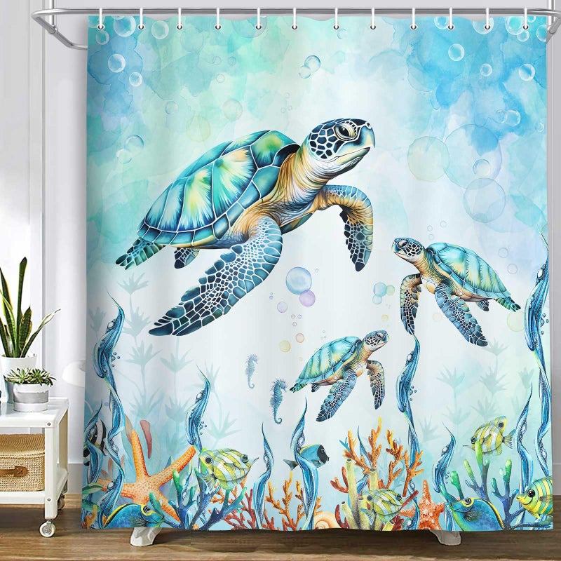 MERCHR Sea Turtle Shower Curtain Coastal Beach Decoration Nautical Shower Curtains for Bathroom Blue Ocean Teal Fabric Bath Curtains Set with 12 Hooks 71x71 Inches
