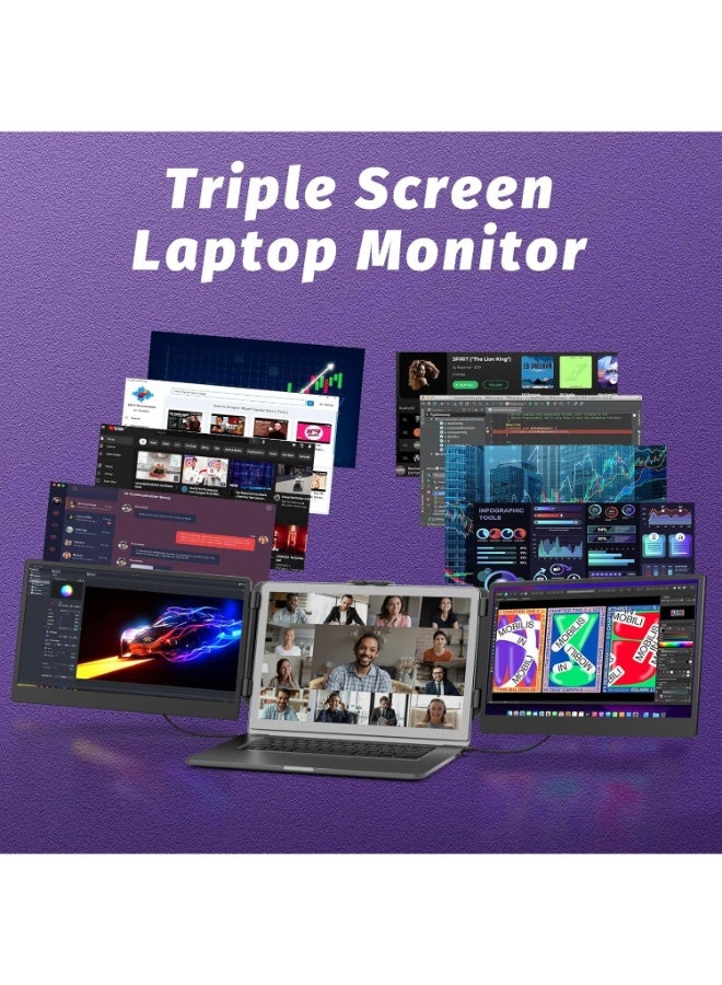 شاشة إضافية ثلاثية للابتوب مقاس 14 بوصة، شاشات مزدوجة محمولة بدقة FHD 1080P، متوافقة مع لابتوبات 13 إلى 17 بوصة، قابلة للطي وتعمل بالتوصيل والتشغيل، مناسبة للسفر والعمل، تدعم Windows وMac وPS5 وSwitch - Image 3