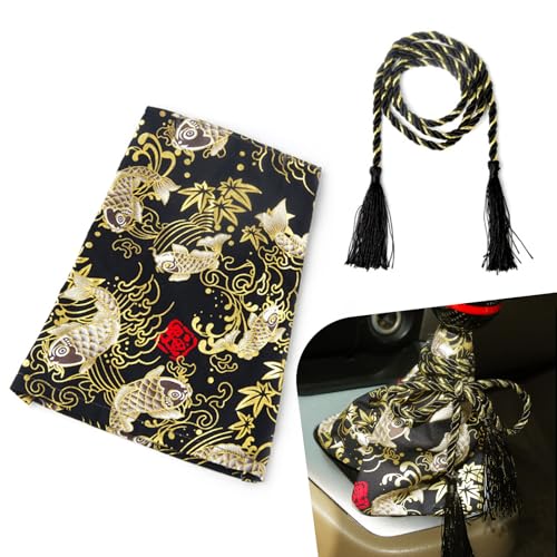 Hugwits Car Shift Knob Decor Cover Japanese Style Black Koi Personality Car Shift Dustproof Cover with Tassel Braided Rope Universal for Most Manual Transmission Cars - Image 1