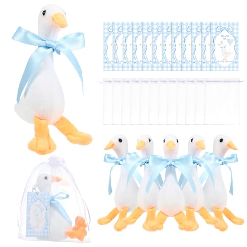 Soulchen 12 Sets One Silly Goose Party Favors Goose Plush Toys with Ribbon Funny 67 Small Stuffed Animal with Thank You Cards and Bags Total 36 Pcs for Birthday Party Baby ShowerBlue - Image 1
