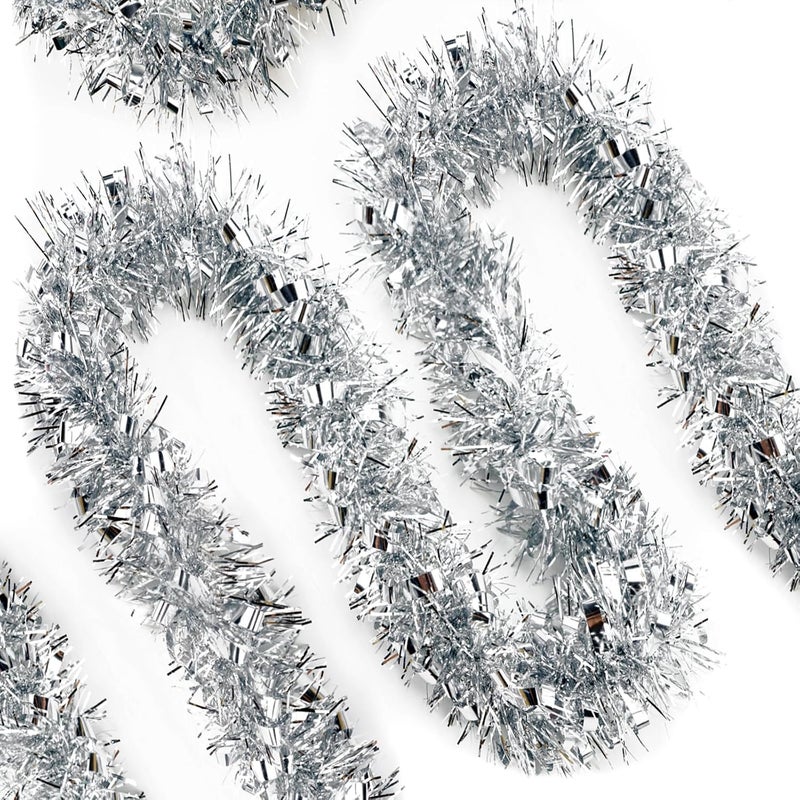 KINGLAKE Christmas Silver Tinsel Garland - 33 Feet Christmas Tinsel Garland Metallic Hanging Xmas Tree Garland for Xmas Tree, Home and Holiday Party Decorations Indoor Outdoor - Image 1