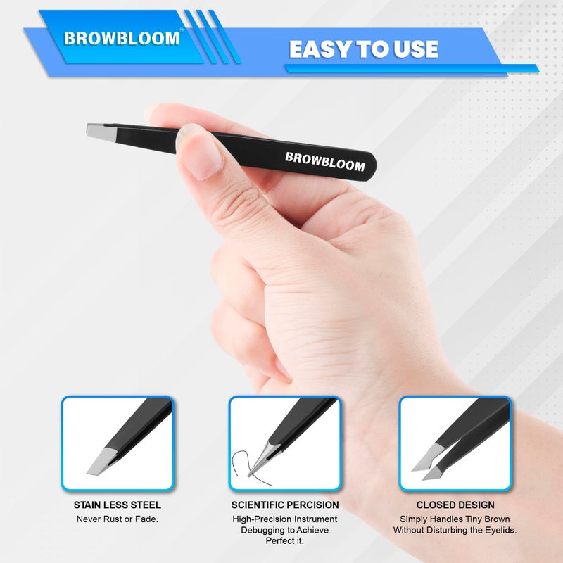 BROWBLOOM 4Piece Set of Professional Tweezers for Women Facial Hair, Black Stainless Steel Precision Tweezer for Ingrown Hair, Eyebrow Tweezers for Men Comes in Carrying Pouch (Black Set) - Image 5