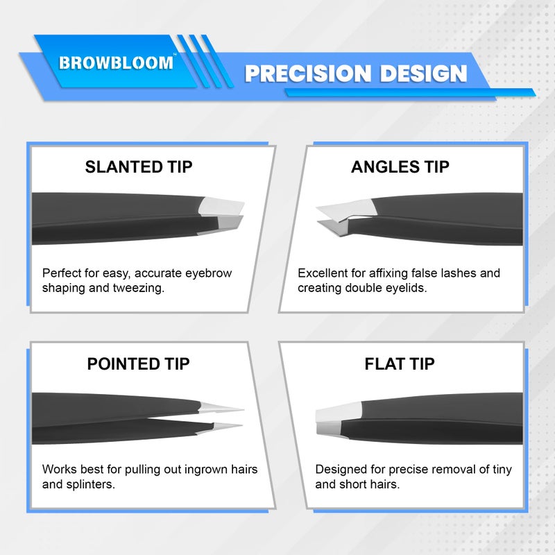BROWBLOOM 4Piece Set of Professional Tweezers for Women Facial Hair, Black Stainless Steel Precision Tweezer for Ingrown Hair, Eyebrow Tweezers for Men Comes in Carrying Pouch (Black Set) - Image 3