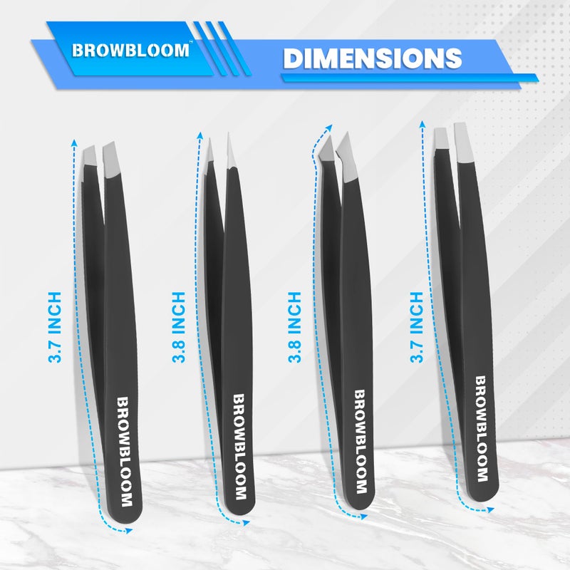 BROWBLOOM 4Piece Set of Professional Tweezers for Women Facial Hair, Black Stainless Steel Precision Tweezer for Ingrown Hair, Eyebrow Tweezers for Men Comes in Carrying Pouch (Black Set) - Image 4