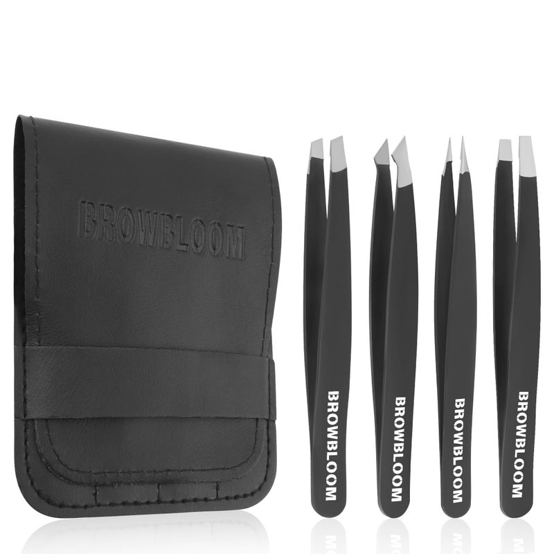 BROWBLOOM 4Piece Set of Professional Tweezers for Women Facial Hair, Black Stainless Steel Precision Tweezer for Ingrown Hair, Eyebrow Tweezers for Men Comes in Carrying Pouch (Black Set) - Image 1