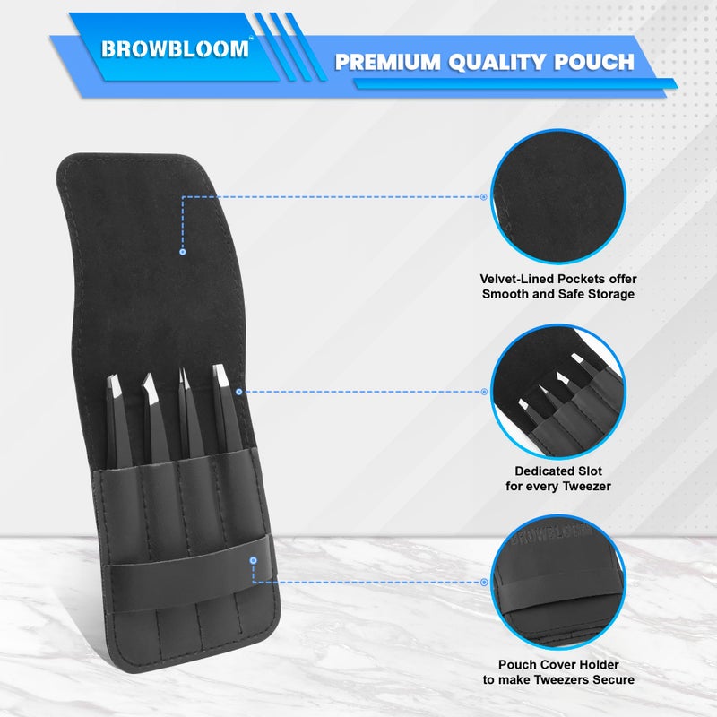 BROWBLOOM 4Piece Set of Professional Tweezers for Women Facial Hair, Black Stainless Steel Precision Tweezer for Ingrown Hair, Eyebrow Tweezers for Men Comes in Carrying Pouch (Black Set) - Image 2