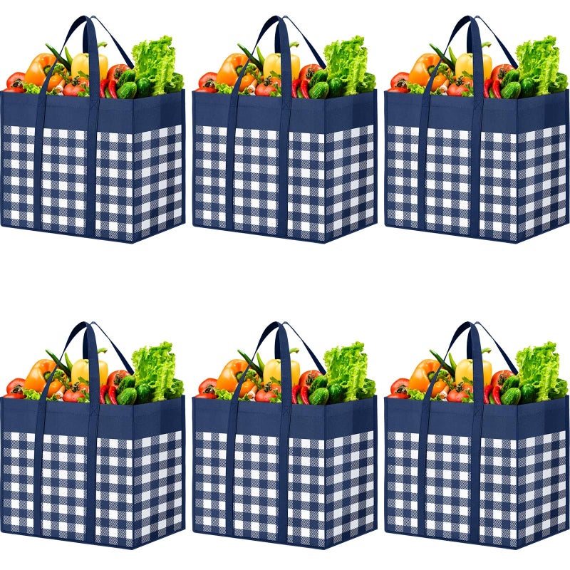 WOWBOX WOWBOX Reusable Grocery Bags 6-Pack  Foldable Reusable Shopping Tote Bags bulk with Reinforced Handles Large Storage Bags with Water Resistant Coating for Groceries Multipurpose Blue-White - Image 1