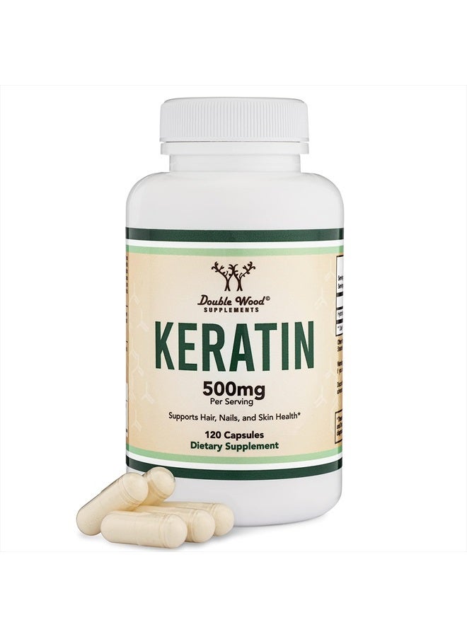 Double Wood Supplements فيتامين نمو الشعر بالكيراتين (500 ملغ لكل حصة، 120 حبة) علاج الشعر بالكيراتين للرجال والنساء (بروتين أساسي للشعر والبشرة والأظافر) فيتامينات للشعر، آمن للنباتيين من دابل وود - Image 1