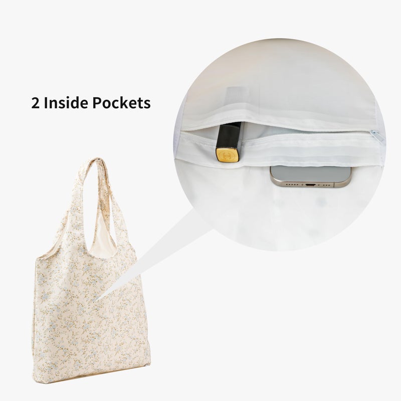 REDSINDA Canvas Tote Bag, Large Capacity Shoulder Bag with Inner Pockets, Foldable Shopping Bag (Blue Floral) - Image 2