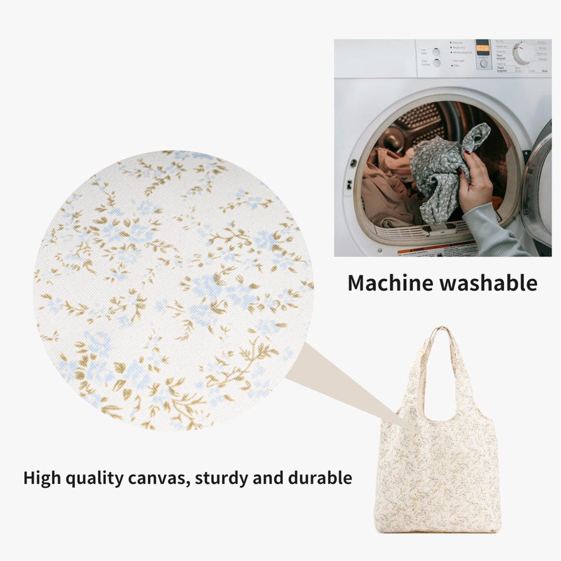 REDSINDA Canvas Tote Bag, Large Capacity Shoulder Bag with Inner Pockets, Foldable Shopping Bag (Blue Floral) - Image 5