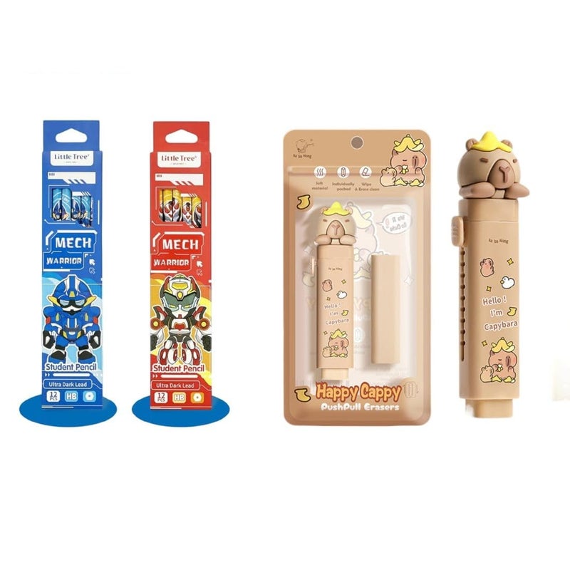 DEOXY 24 pcs Dark Pencil and Pack of 2 Happy Cappy Eraser for Kids,Stationary Set, Rubber Eraser for, Kawaii Erasers, Fancy Erasers for Birthday Return Gift (Pencil + Happy) - Image 1